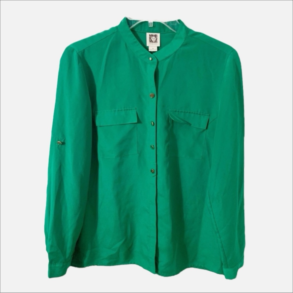 Anne Klein Long Sleeve Button Front Mandarín Collared Blouse Adjustable Sleeves